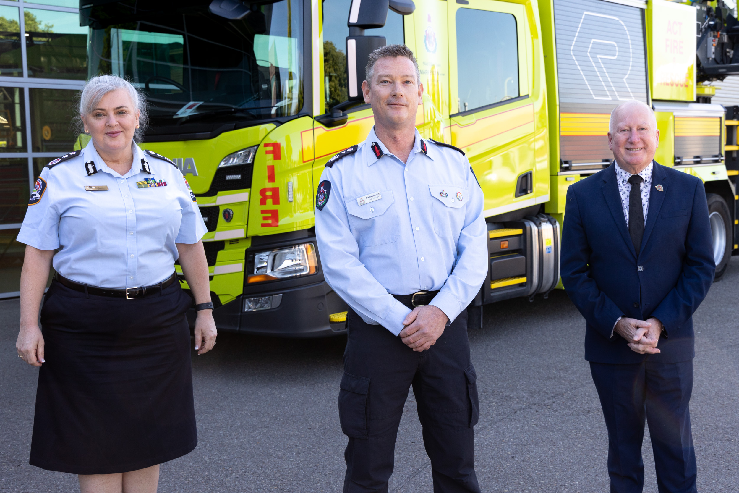 ACTESA Commissioner Georgeina Whelan, ACT Fire & Rescue Chief Officer Matthew Mavity, and Minister for Police & Emergency Services Mick Gentleman
