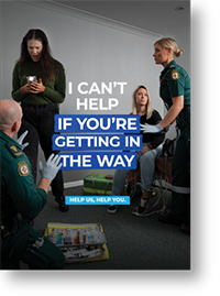 Obstruction poster showing a woman yelling and using her phone to film ambulance staff