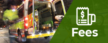 Graphic containing an ambulance with rear doors open and icon with the word fees below it