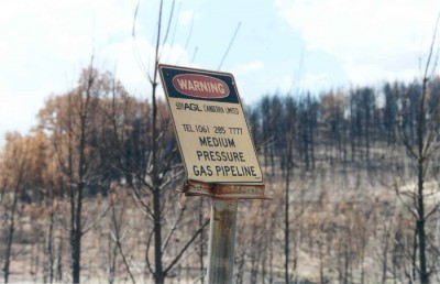 medium pressure gas pipeline sign after bushfire